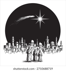 Three figures observe a star over a city people robes