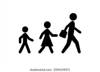 Three figures representing a family stroll together, showcasing a child, a woman, and a man carrying a briefcase. They appear to be enjoying a shared moment while heading somewhere.