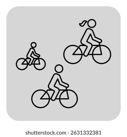 Three figures riding bikes in clean, minimalist line art style. Child, adult, and teenager enjoying cycling together in simple setting