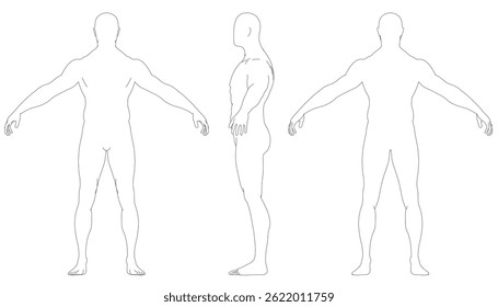 Drei Figuren sind in einer schwarz-weißen Illustration dargestellt. Die Figuren stehen alle aufrecht und sind alle nackt. Vorne, Seite, Rückansicht