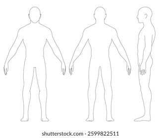 Three figures are shown in a white background. The first figure is standing with his hands on his hips, the second figure is standing with his hands on his hips
