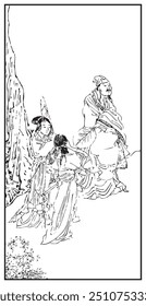 Three figures in traditional attire engage in conversation amidst a serene natural setting, captured with delicate, flowing lines in a classic ink-style drawing.