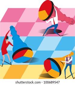 Three figures try and move very large chess pieces with pie chart icons on the bases on a large chess board