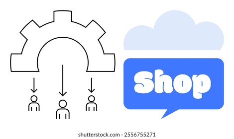 Three figures under a gear with arrows pointing down, next to a blue talk bubble with the word Shop and a cloud. Ideal for teamwork, communication, retail, e-commerce, and cloud computing concepts