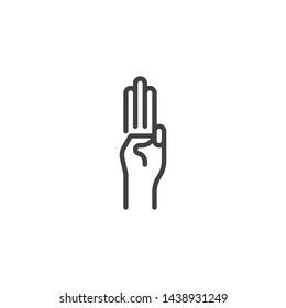 Three finger hand gesture line icon. linear style sign for mobile concept and web design. Three Fingers pointing up outline vector icon. Symbol, logo illustration. Vector graphics