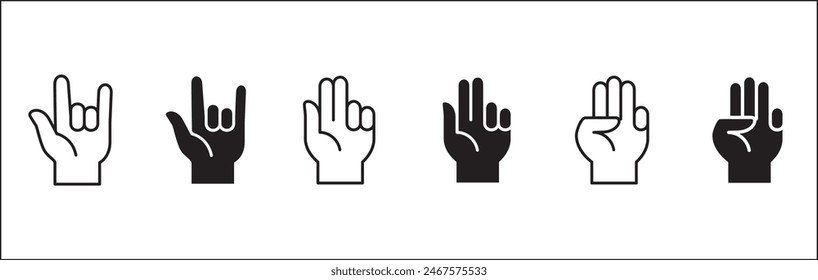 Icono de tres dedos. Me encanta tu signo de mano. Gesto de tres dedos con la mano. Mano de signo número tres. Ilustración de stock de Vector. Estilo de diseño plano y de línea. Aislado sobre fondo blanco.