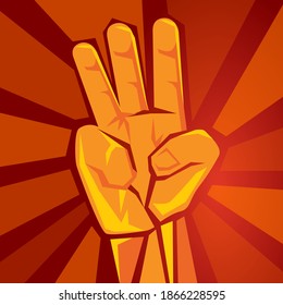 three finger hand showing raised supporting movement symbol of retro socialism poster vector illustration in red background