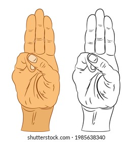 Three finger salute sign isolated on white background. vector illustration.