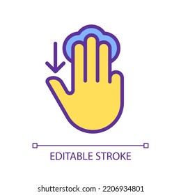 Three finger touch downwards pixel perfect yellow RGB color icon. Swipe down. Electronic device control. Touchscreen. Silhouette symbol on white space. Solid pictogram. Vector isolated illustration