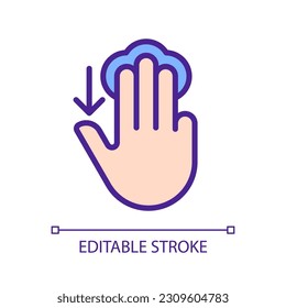 Three finger touch downwards pixel perfect RGB color icon. Swipe down. Electronic device control. Touchscreen. Silhouette symbol on white space. Solid pictogram. Vector isolated illustration