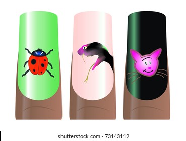 Three fingernails manicure. Images ladybug, snake head, fox. Vector
