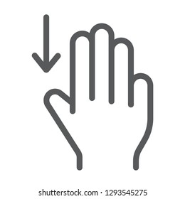 Three fingers drag down line icon, gesture and hand, scroll down sign, vector graphics, a linear pattern on a white background, eps 10.