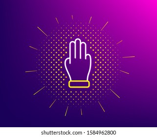 Three fingers hand line icon. Halftone pattern. Click palm sign. Gesture symbol. Gradient background. Three fingers line icon. Yellow halftone pattern. Vector