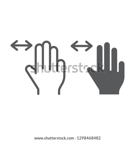 Three fingers horizontal scroll line and glyph icon, gesture and hand, flick sign, vector graphics, a linear pattern on a white background.