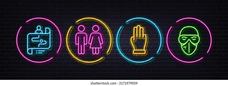 Three fingers, Journey path and Restroom minimal line icons. Neon laser 3d lights. Medical mask icons. For web, application, printing. Click palm, Project process, Wc toilet. Vector