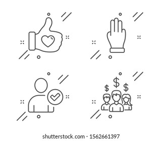 Three Fingers, Like Hand And Identity Confirmed Line Icons Set. Salary Employees Sign. Click Palm, Thumbs Up, Person Validated. People Earnings. People Set. Line Three Fingers Outline Icon. Vector