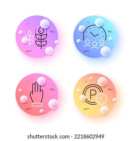 Three fingers, Meeting time and Parking time minimal line icons. 3d spheres or balls buttons. Gluten free icons. For web, application, printing. Click palm, Conference hours, Park clock. Vector