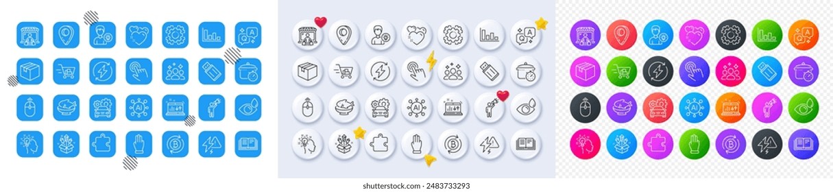 Three fingers, Puzzle and Cursor line icons. Square, Gradient, Pin 3d buttons. AI, QA and map pin icons. Pack of Lightning bolt, Fireworks rocket, Person idea icon. Vector