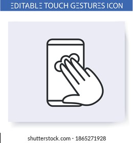 Three fingers tap hand gesture line icon. Drag. Multitouch gestures for smartphone use. Touchscreen technology. User interface action concept. Isolated vector illustration.Editable stroke