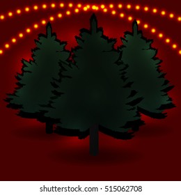 Three fir tree and their shadows for advertising and announcements. Garland. Vector illustration