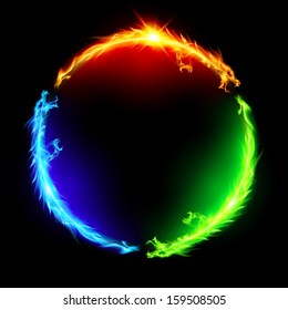 Three fire dragons making colorful circle on black background. 