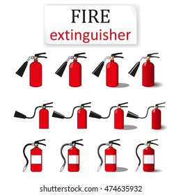three fire extinguishers, painted in four ways: one filling, with a black stroke and color and 3D images