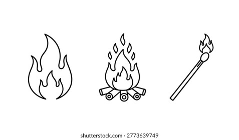 Three fire illustrations flame campfire and lit match silhouette