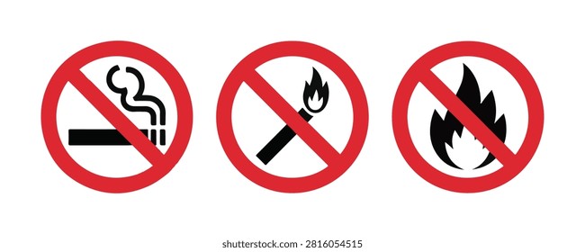 Three fire safety warning signs: no smoking, no matches or fire, no open flame symbol icons.