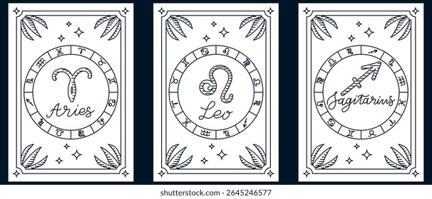 Three fire zodiac signs Aries, Leo, and Sagittarius illustrated with constellations and astrological symbols. Represents astrology, spiritual identity, and cosmic energy of the fire element
