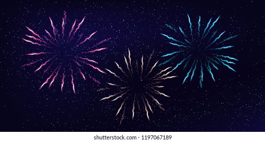 Three firework bursts on night sky background. Vector design element