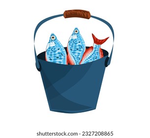 three fish in a bucket on a white background