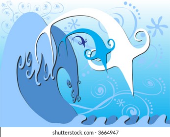 Three fish are gracefully jumping in big waves. Created in blue tones.