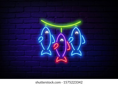 three fish hanging neon light icon. Cafe, restaurant menu. Fish species. Underwater animal, seafood. Carp, trout. Healthy nutrition.