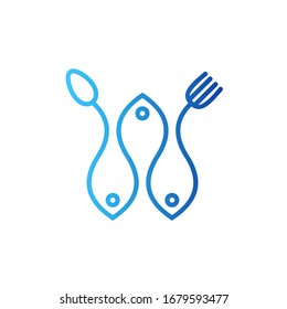 Three fish logo with spoon and fork. Seafood restaurant logo. Modern outline logo template