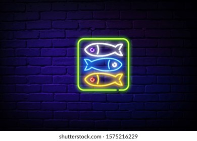 Three Fish neon light icon. Cafe, restaurant menu. Fish species. Underwater animal, seafood. Carp, trout. Healthy nutrition. Vector isolated illustration
