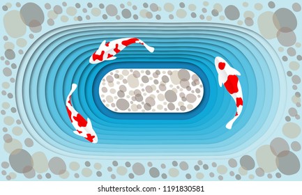 Three fish on top view in pond, paper cut deep paper cut in paper cut style.