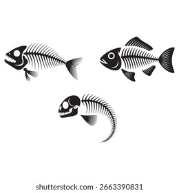 Three Fish Skeletons Black and White Illustration with Cartoon Style on a Clean White Background Great for Halloween Themes