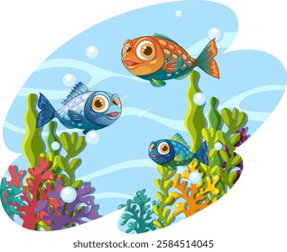 Three fish swimming among colorful coral and bubbles