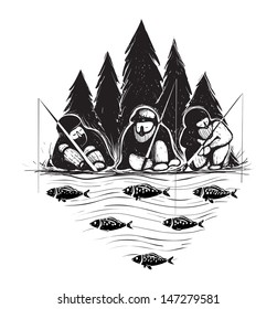 Three Fisherman Sitting on River Bank with Rods. Layered vector EPS8 illustration in black color.