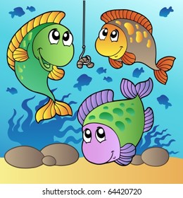 Three fishes and fishing hook - vector illustration.