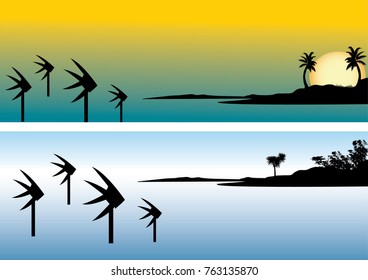 The Three Fishes Icon From The Cairns Esplanade, Queensland, Australia Depicting The Fish Against An Orange Tropical Sunset Over The Sea With Palm Trees, Vector Illustration