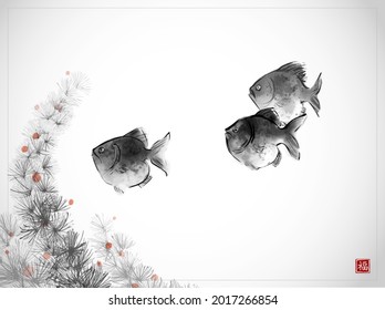 Three fishes and seaweed on white background. Traditional oriental ink painting sumi-e, u-sin, go-hua. Translation of hieroglyph - good luck