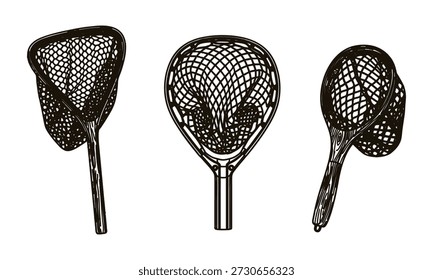 Three fishing nets with handles and mesh bowls for catching fish fishing gear