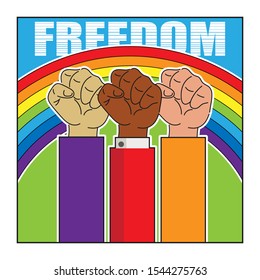 Three fists on a rainbow background. Above is the inscription - freedom. Emblem, symbol, sign, icon. Vector illustration