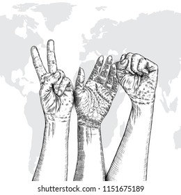 Three fists raised in protest on earth map background. Ink style poster. Protest, strength, freedom, revolution, rebel, revolt concept. Vector.