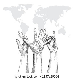 Three fists raised in protest on earth map background. Ink style poster. Protest, strength, freedom, revolution, rebel, revolt concept. Vector.