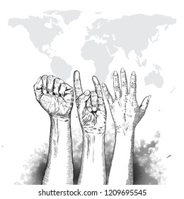 Three fists raised in protest on earth map background. Ink style poster. Protest, strength, freedom, revolution, rebel, revolt concept. Vector.