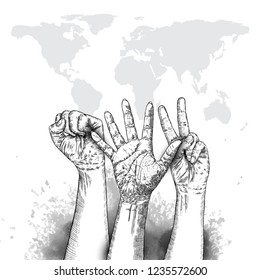 Three fists raised in protest on earth map background. Ink style poster. Protest, strength, freedom, revolution, rebel, revolt concept. Vector.