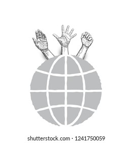 Three fists raised in protest on earth map background. Ink style poster. Protest, strength, freedom, revolution, rebel, revolt concept. Vector.
