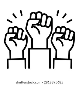 Three fists raised in unity and defiance with motion lines indicating action and movement